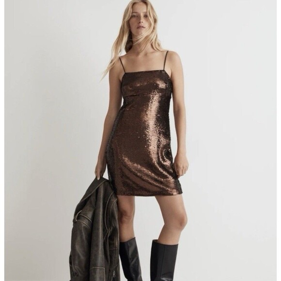 Madewell Sequin Slip Mini Dress Sz 00 XS Dark Chocolate Club Wear Concert Party - Picture 1 of 9